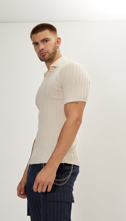 Ribbed Short Sleeve Polo Neck T - Shirt - Beige - Ron Tomson