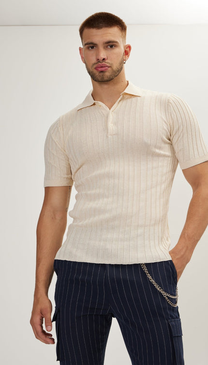 Ribbed Short Sleeve Polo Neck T - Shirt - Beige - Ron Tomson