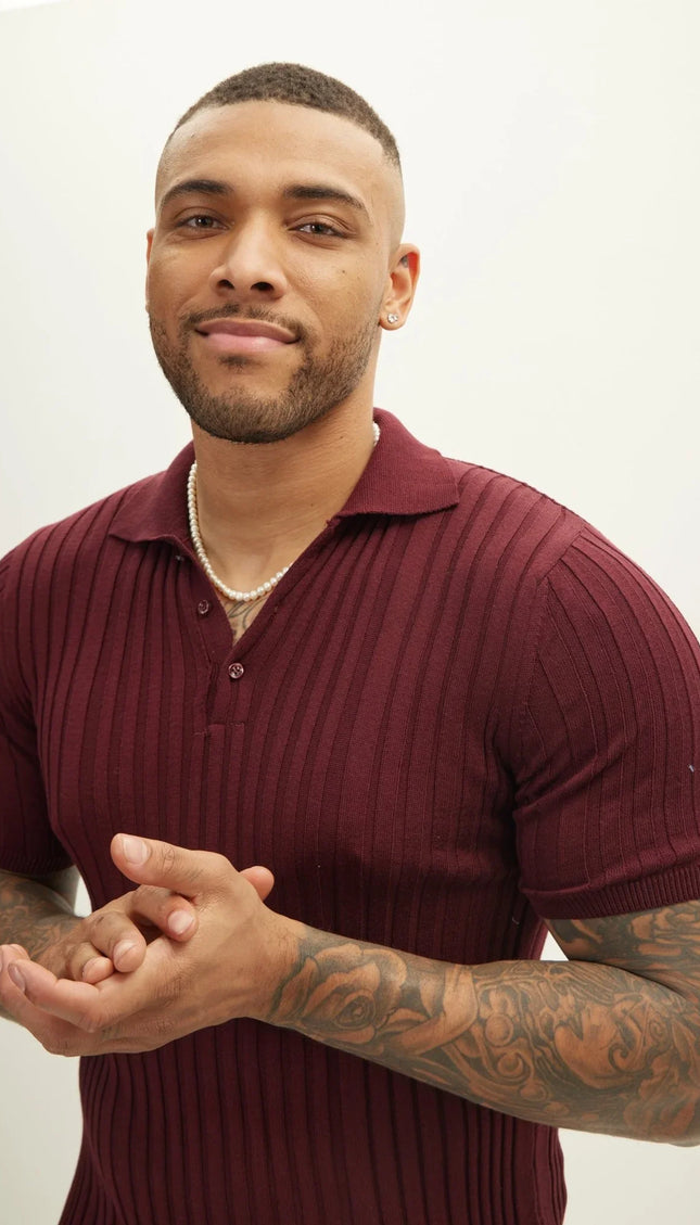 Ribbed Short Sleeve Polo Neck T-Shirt - Burgundy - Ron Tomson