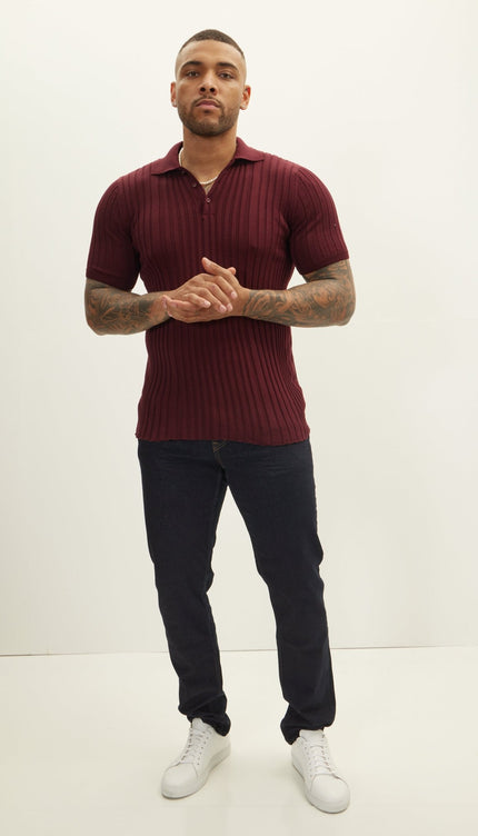 Ribbed Short Sleeve Polo Neck T-Shirt - Burgundy - Ron Tomson