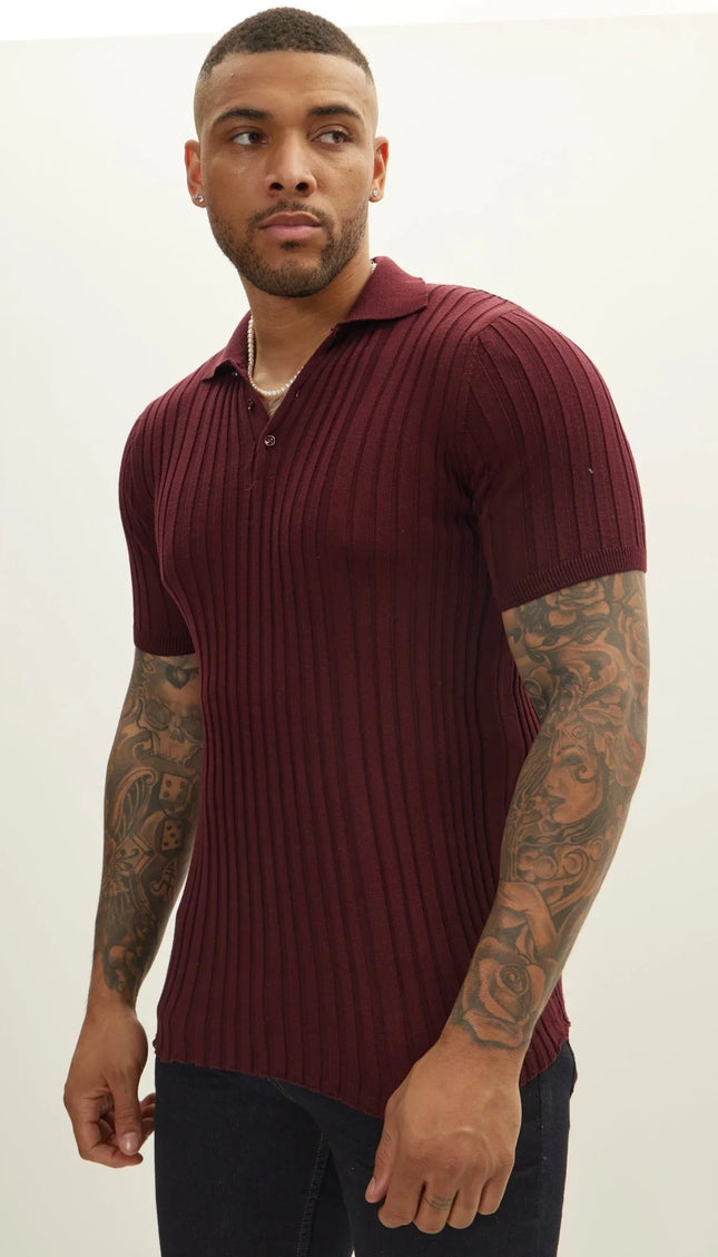 Ribbed Short Sleeve Polo Neck T-Shirt - Burgundy - Ron Tomson