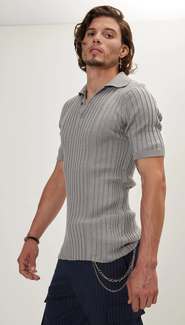 Ribbed Short Sleeve Polo Neck T-Shirt - Grey - Ron Tomson