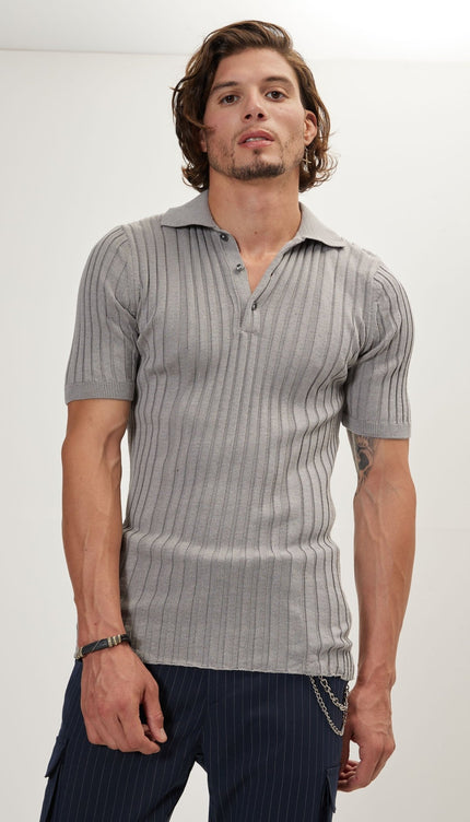 Ribbed Short Sleeve Polo Neck T-Shirt - Grey - Ron Tomson