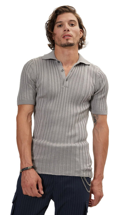 Ribbed Short Sleeve Polo Neck T-Shirt - Grey - Ron Tomson