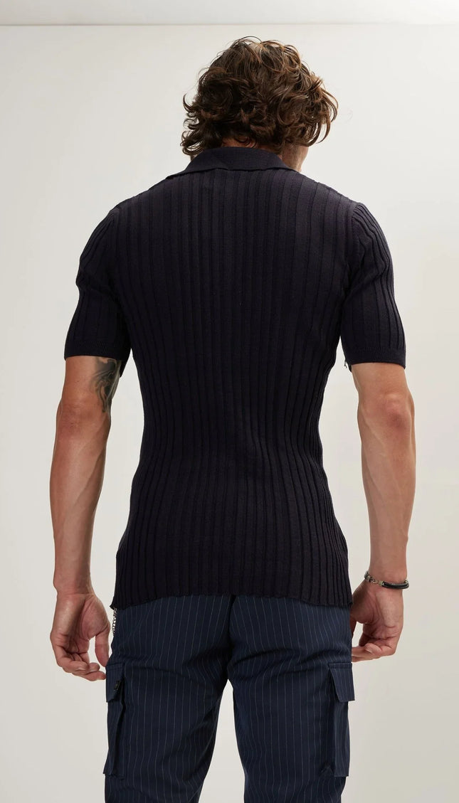 Ribbed Short Sleeve Polo Neck T-Shirt - Navy - Ron Tomson