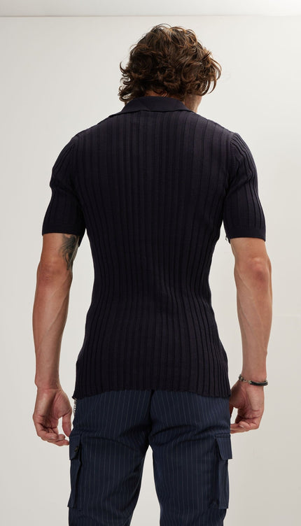 Ribbed Short Sleeve Polo Neck T-Shirt - Navy - Ron Tomson