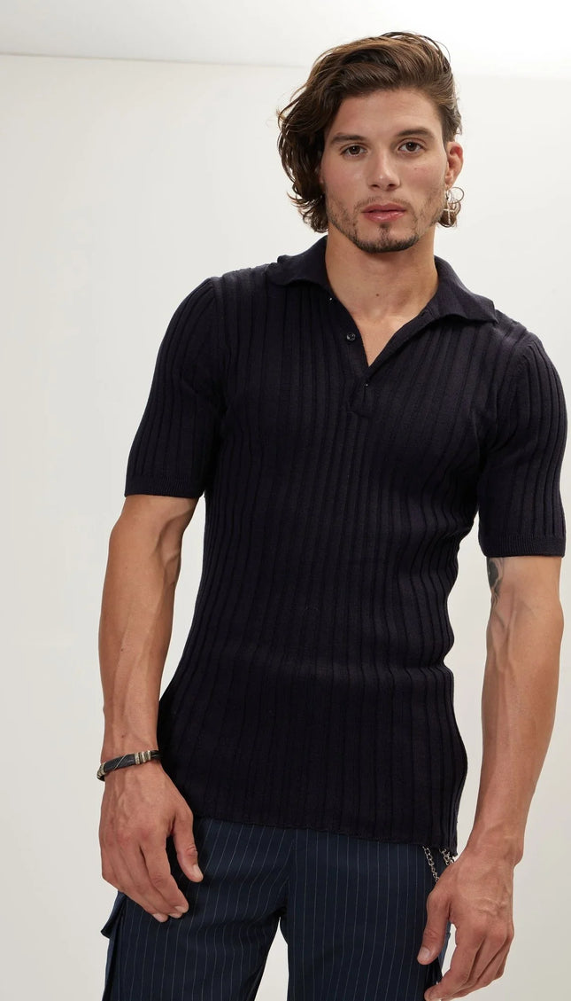 Ribbed Short Sleeve Polo Neck T-Shirt - Navy - Ron Tomson