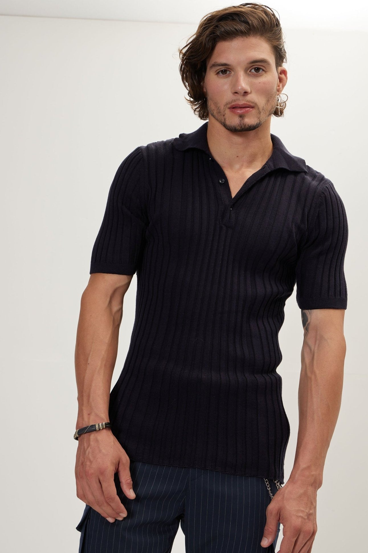 Ribbed Short Sleeve Polo Neck T-Shirt - Navy - Ron Tomson