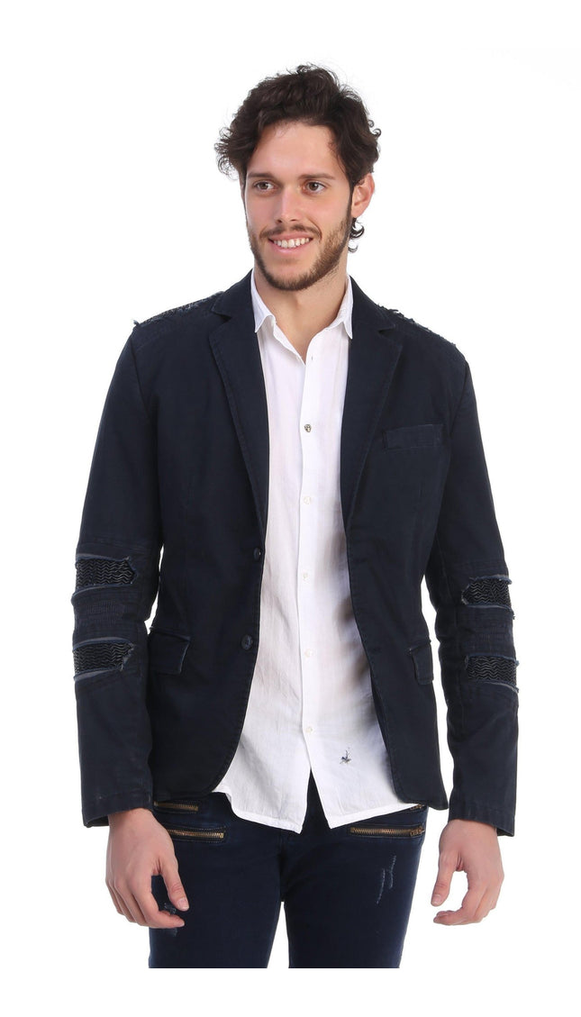 RIPPED PATCHED SLIM FIT MOTORCYCLE JACKET - NAVY - Ron Tomson