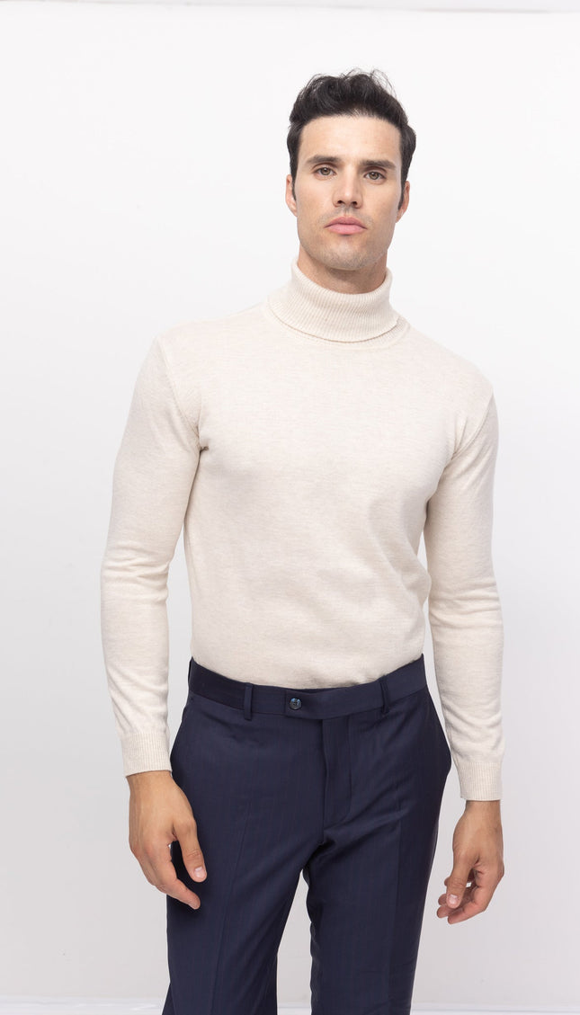 Roll Neck Knit Sweater - Beige - Ron Tomson