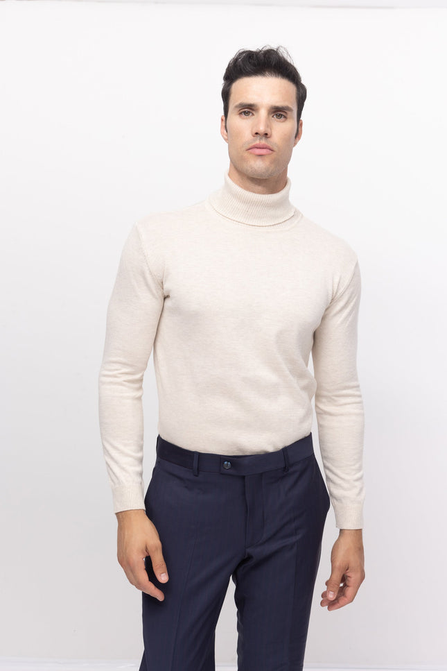 Roll Neck Knit Sweater - Beige - Ron Tomson