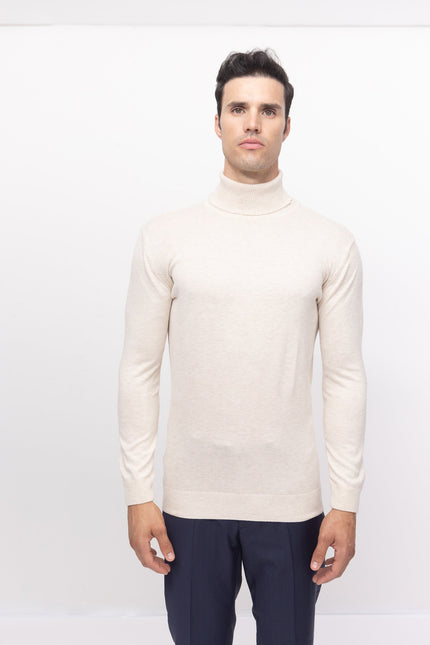 Roll Neck Knit Sweater - Beige - Ron Tomson