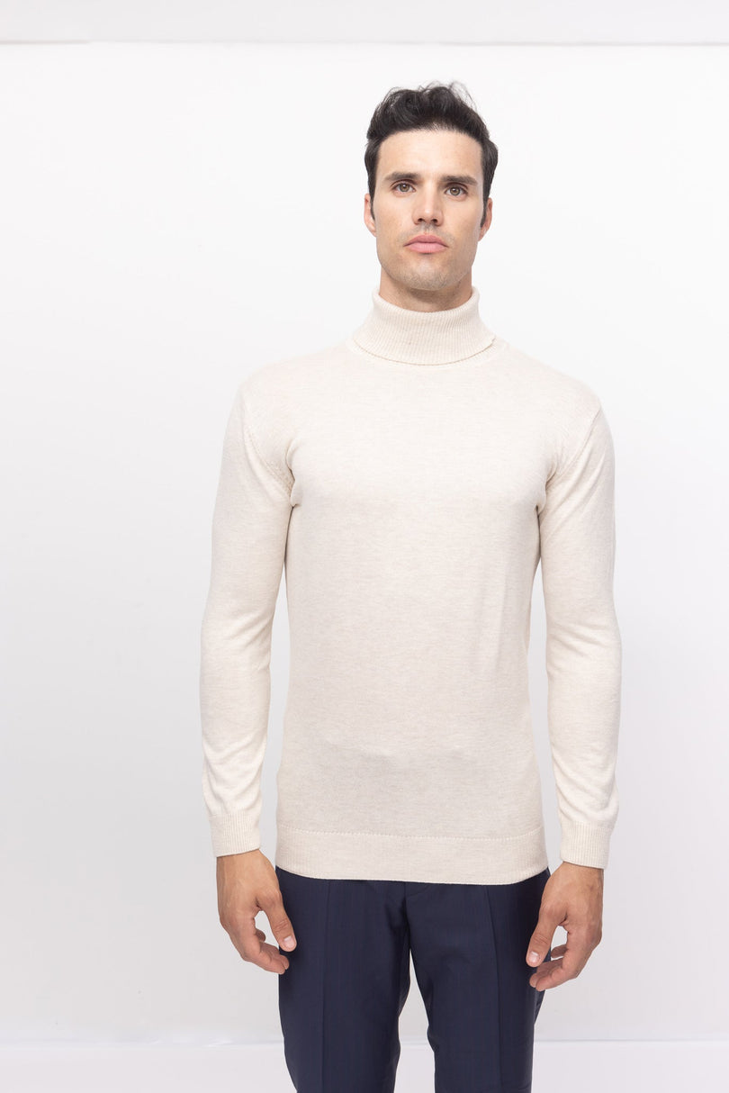 Roll Neck Knit Sweater - Beige - Ron Tomson