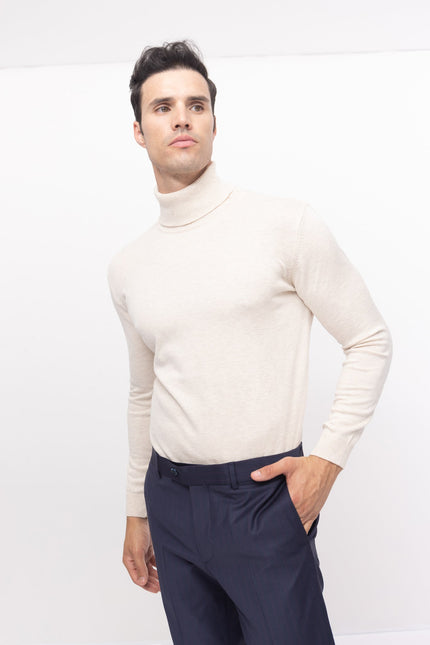 Roll Neck Knit Sweater - Beige - Ron Tomson
