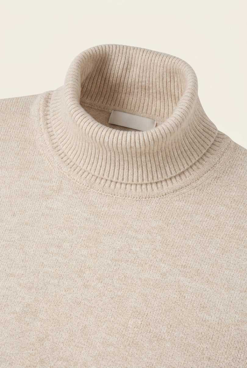 Roll Neck Knit Sweater - Beige - Detail