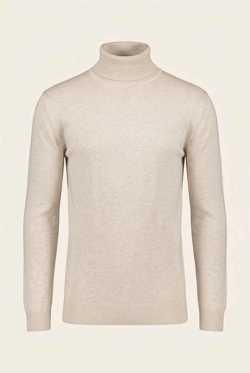 Roll Neck Knit Sweater - Beige - Front