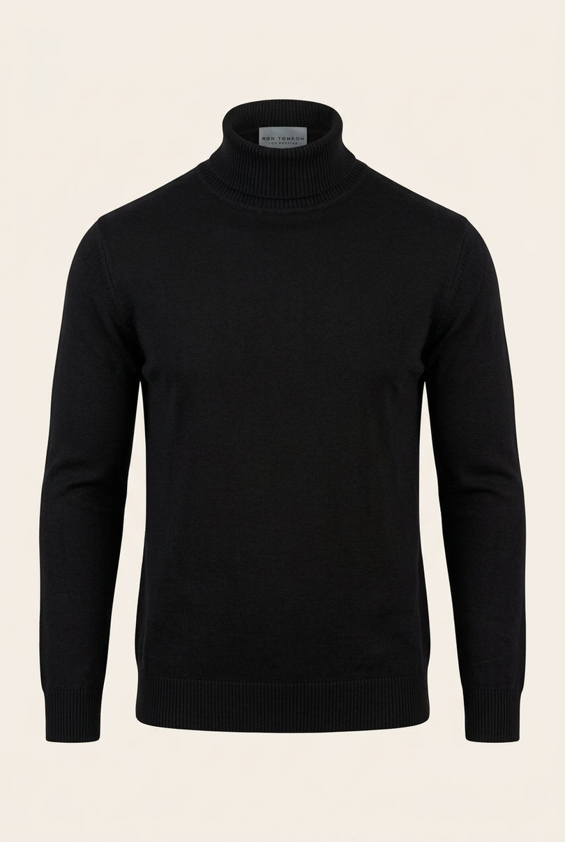 Roll Neck Knit Sweater - Black - Front
