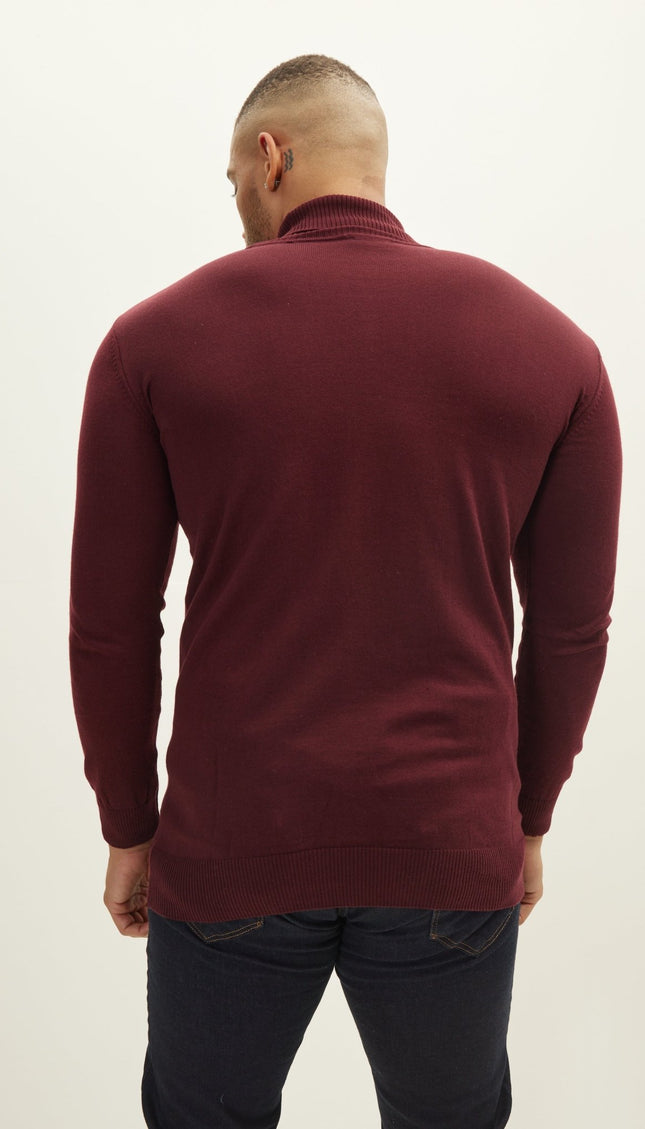 Roll Neck Knit Sweater - Burgundy - Ron Tomson