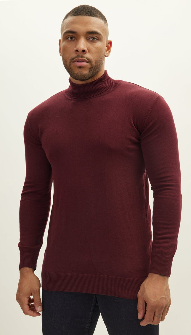 Roll Neck Knit Sweater - Burgundy - Ron Tomson