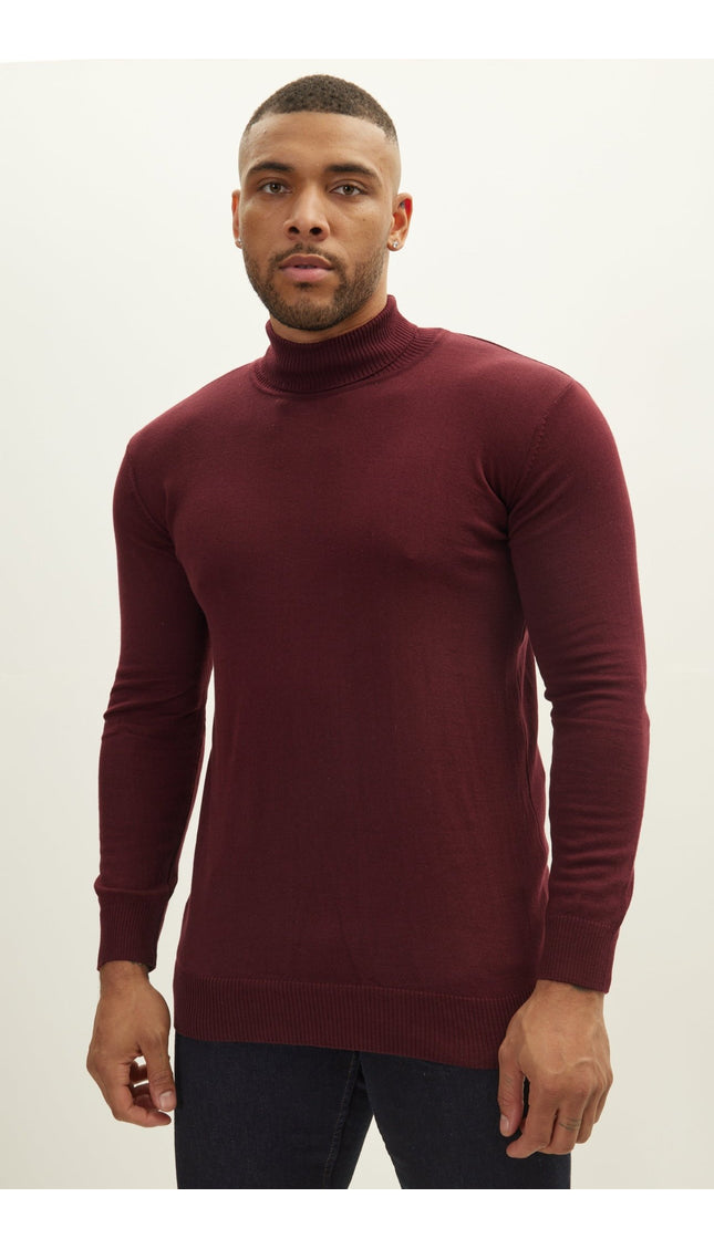 Roll Neck Knit Sweater - Burgundy - Ron Tomson