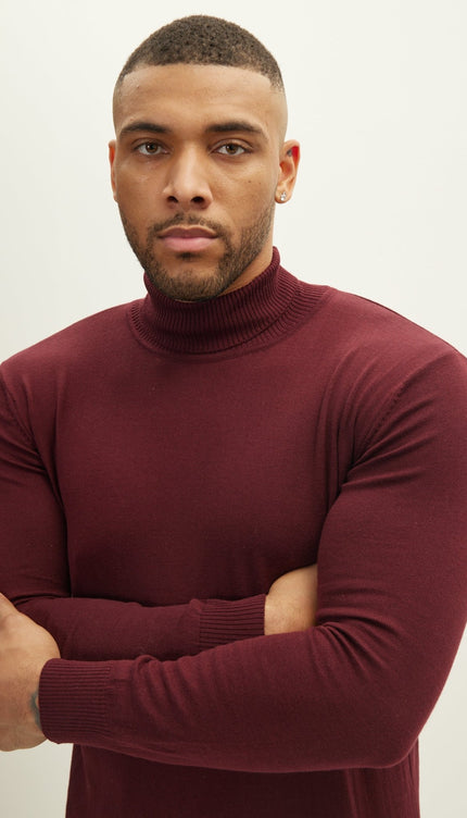 Roll Neck Knit Sweater - Burgundy - Ron Tomson
