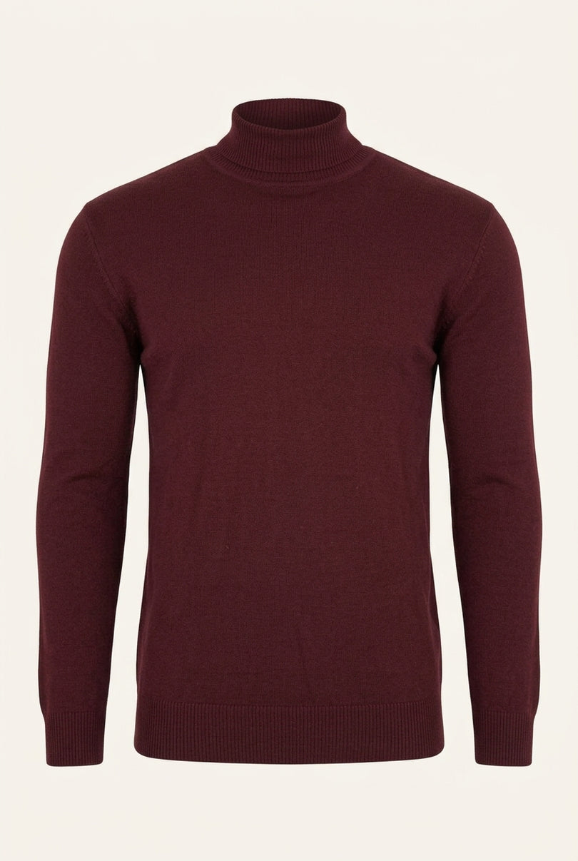 Roll Neck Knit Sweater - Burgundy - Front