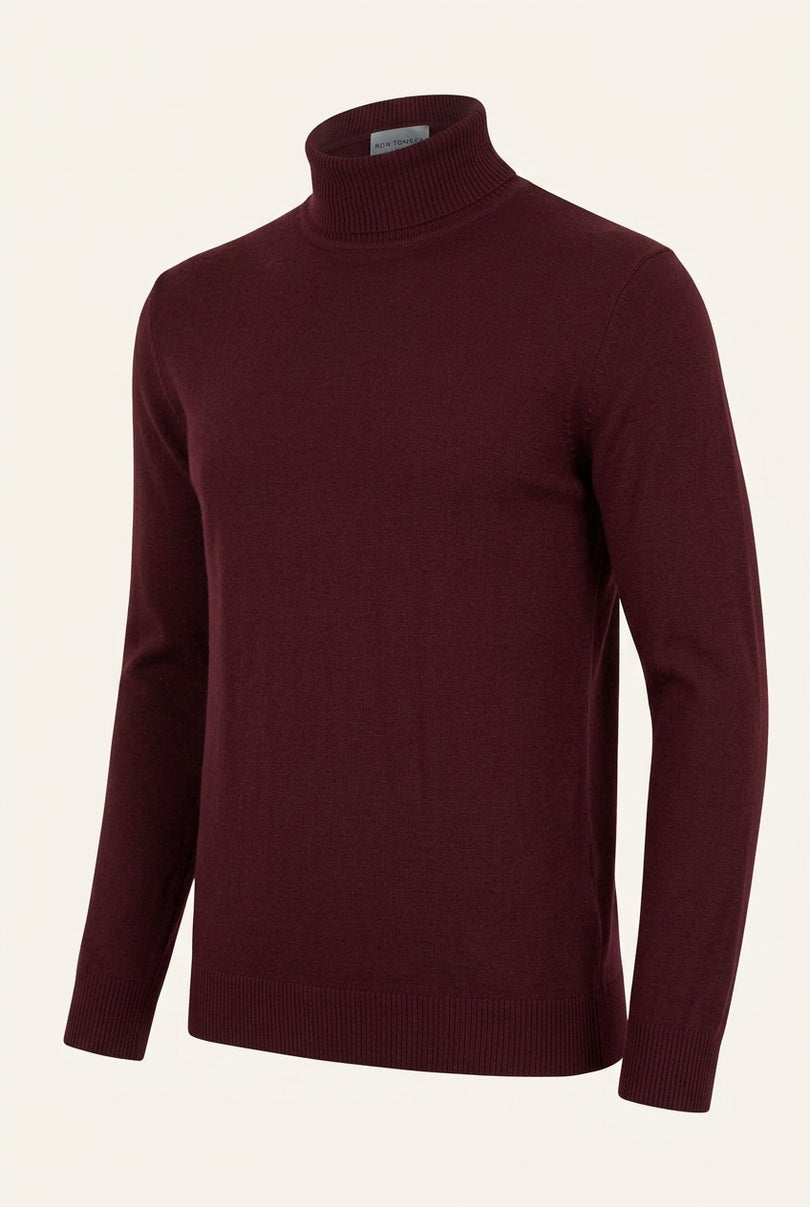 Roll Neck Knit Sweater - Burgundy - Side