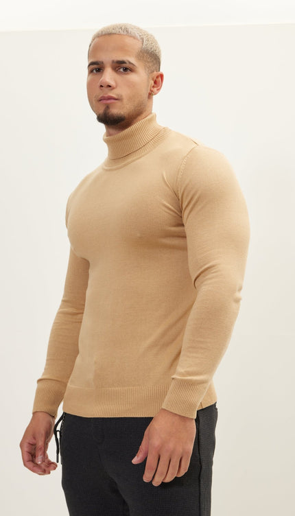 Roll Neck Knit Sweater - Camel - Ron Tomson