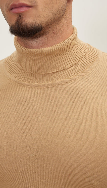 Roll Neck Knit Sweater - Camel - Ron Tomson