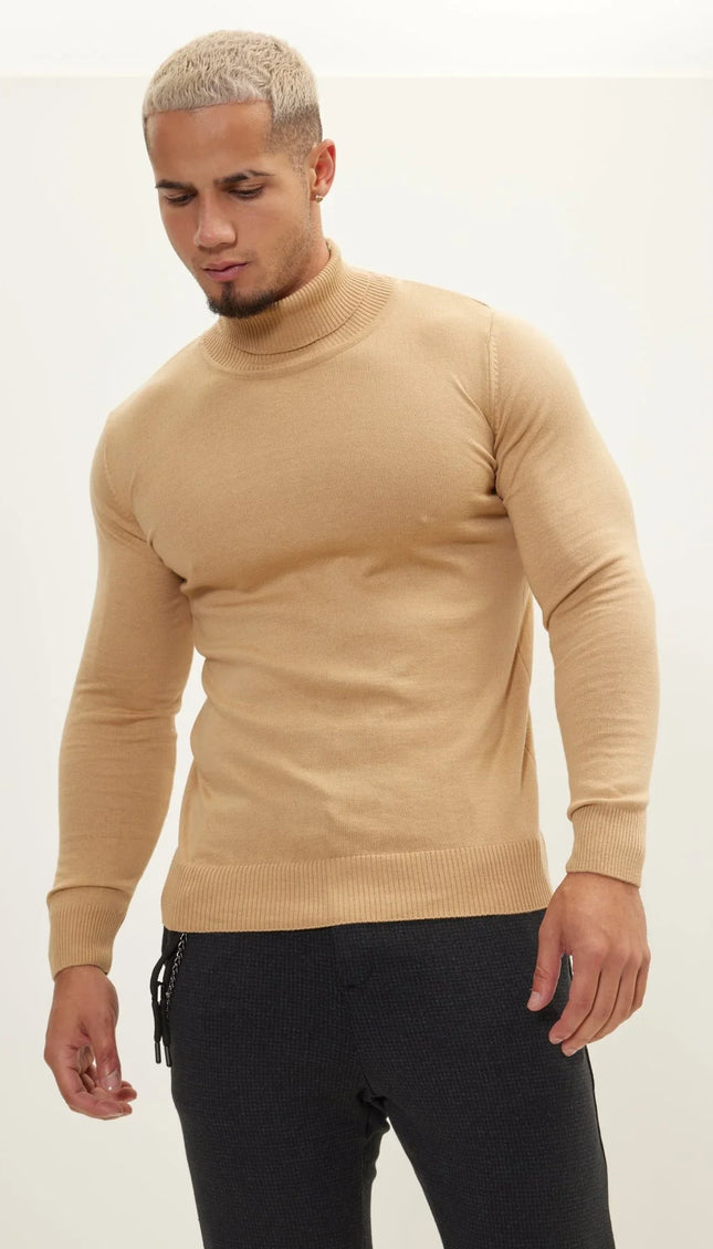 Roll Neck Knit Sweater - Camel - Ron Tomson