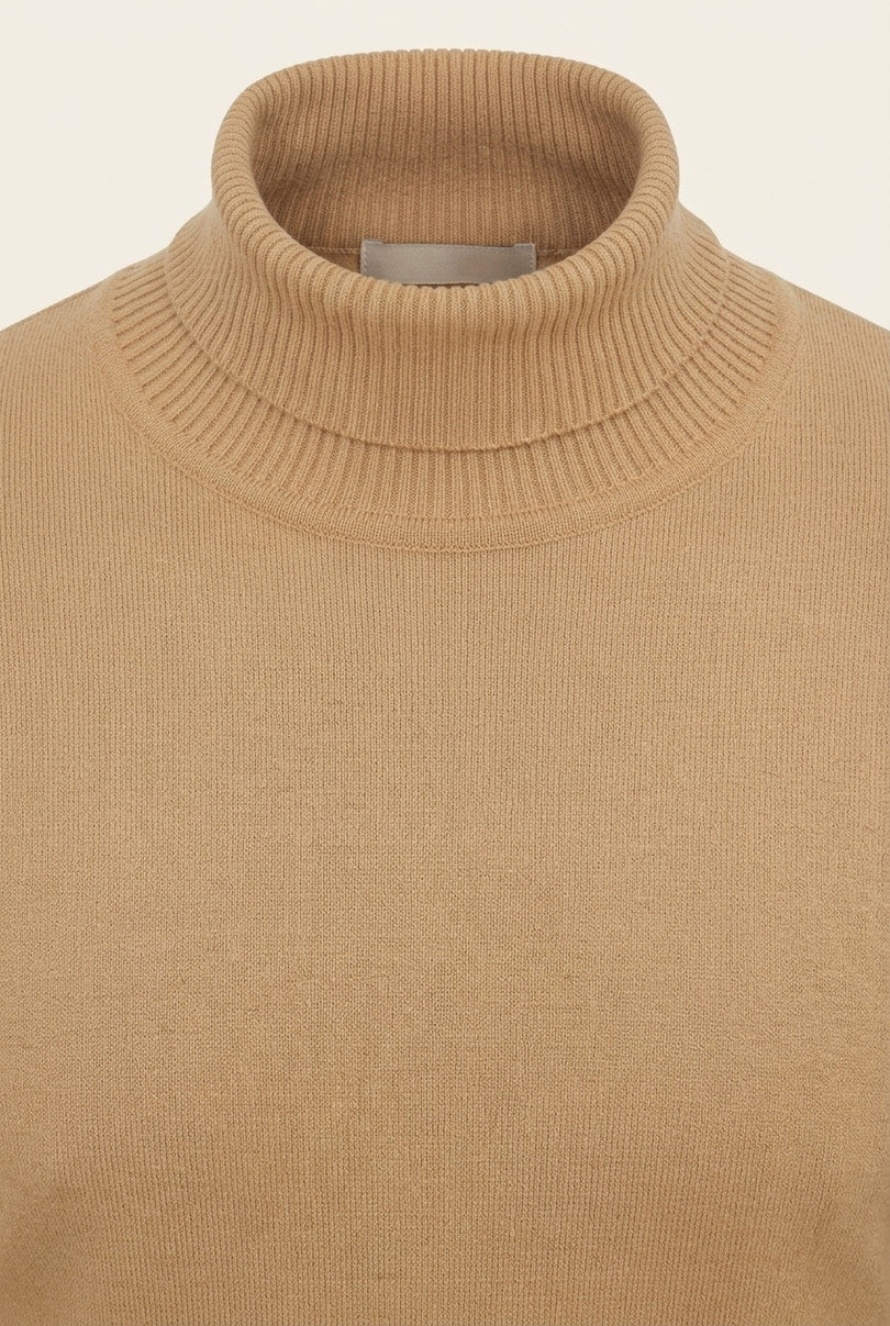 Roll Neck Knit Sweater - Camel - Detail