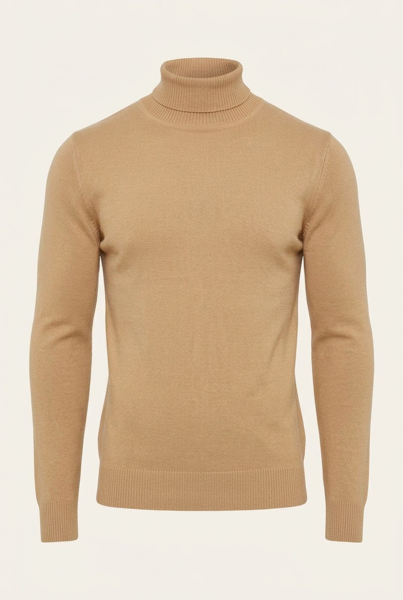 Roll Neck Knit Sweater - Camel - Front