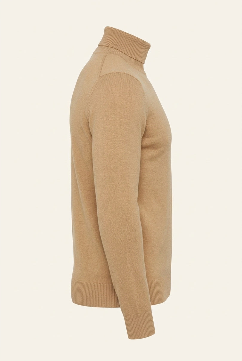 Roll Neck Knit Sweater - Camel - Side
