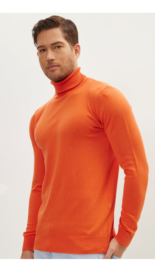 Roll Neck Knit Sweater - Orange - Ron Tomson