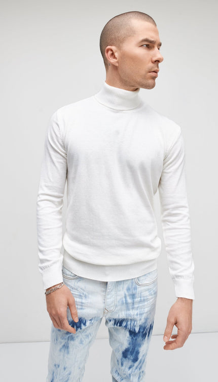 Roll Neck Knit Sweater - White - Ron Tomson