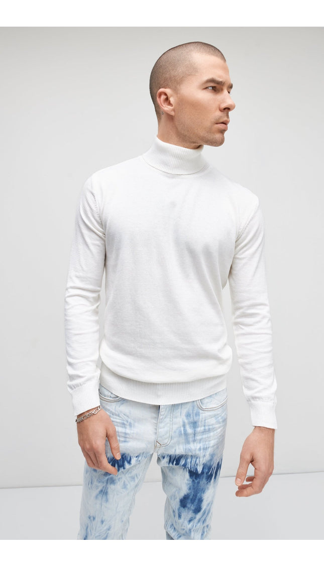 Roll Neck Knit Sweater - White - Ron Tomson