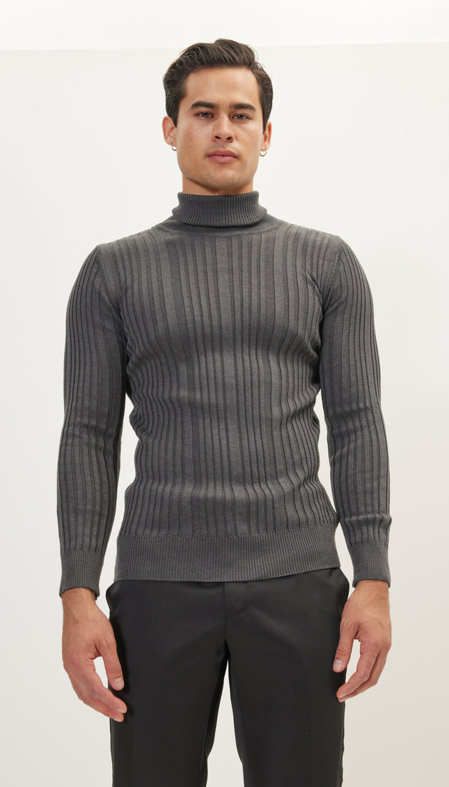 Roll Neck Ribbed Sweater - Anthracite - Ron Tomson