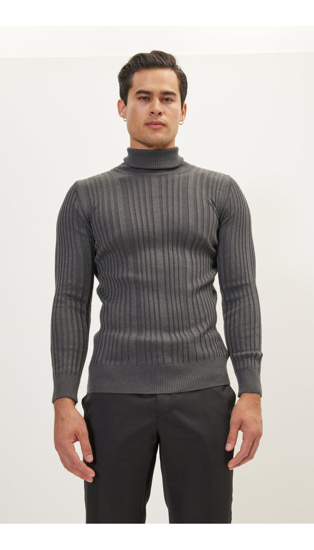 Roll Neck Ribbed Sweater - Anthracite - Ron Tomson