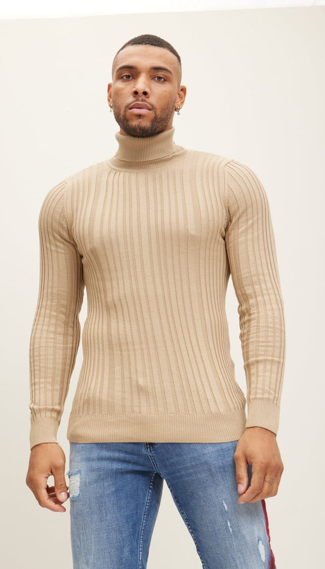 Roll Neck Ribbed Sweater - Beige - Ron Tomson