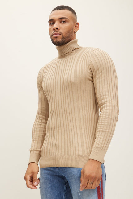 Roll Neck Ribbed Sweater - Beige - Ron Tomson