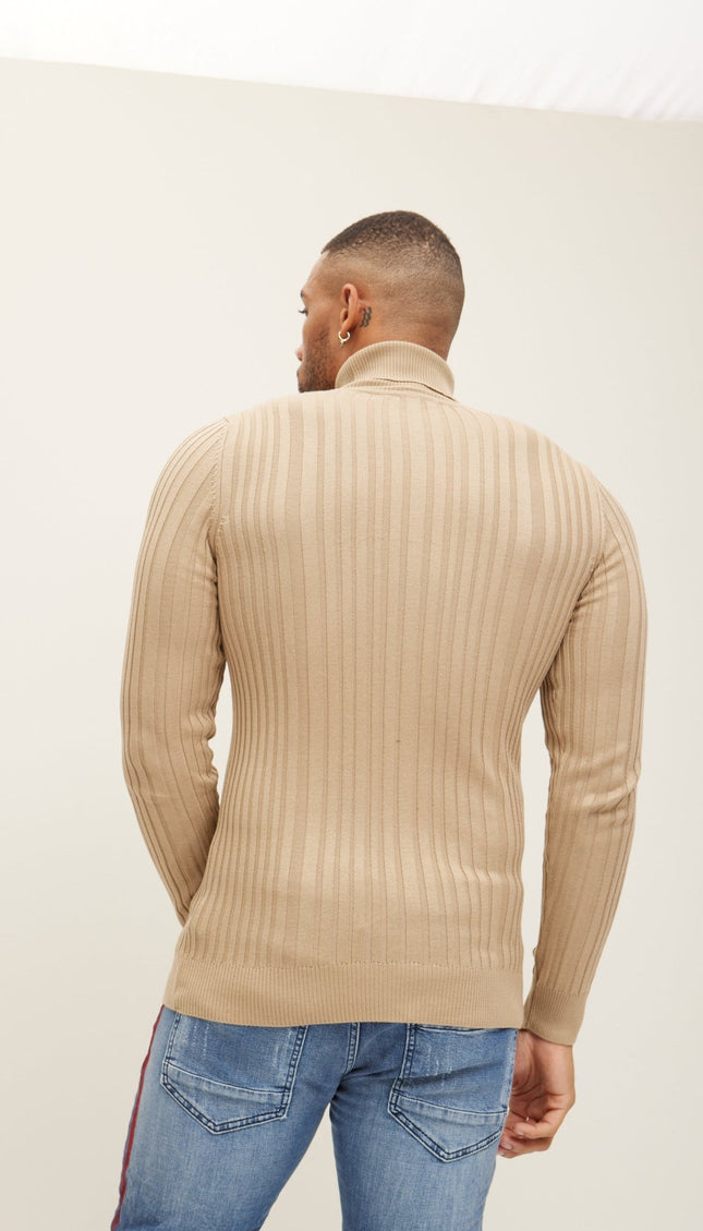 Roll Neck Ribbed Sweater - Beige - Ron Tomson