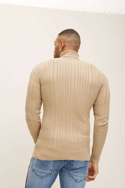Roll Neck Ribbed Sweater - Beige - Ron Tomson