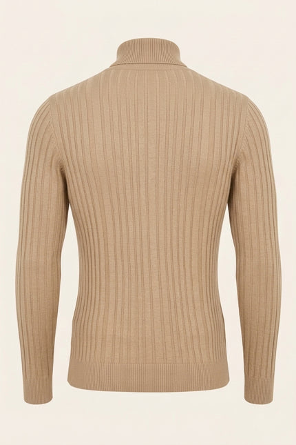 Roll Neck Ribbed Sweater - Beige - Back