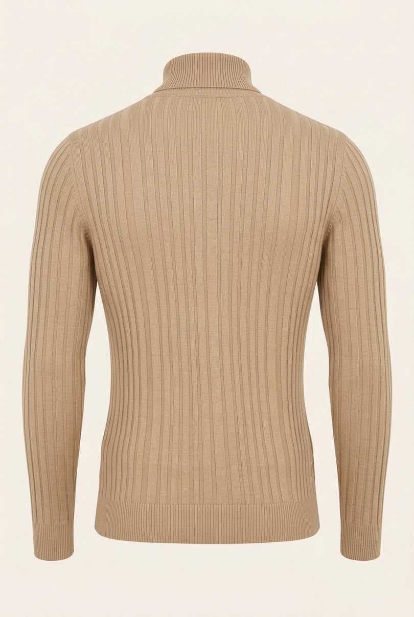 Roll Neck Ribbed Sweater - Beige - Back