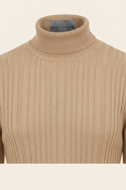 Roll Neck Ribbed Sweater - Beige - Detail