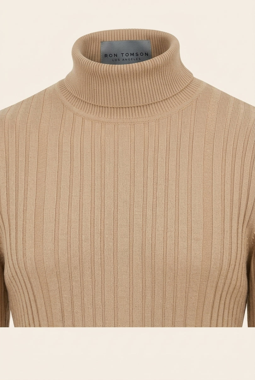Roll Neck Ribbed Sweater - Beige - Detail