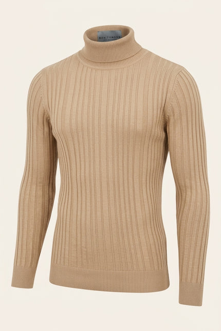 Roll Neck Ribbed Sweater - Beige - Front