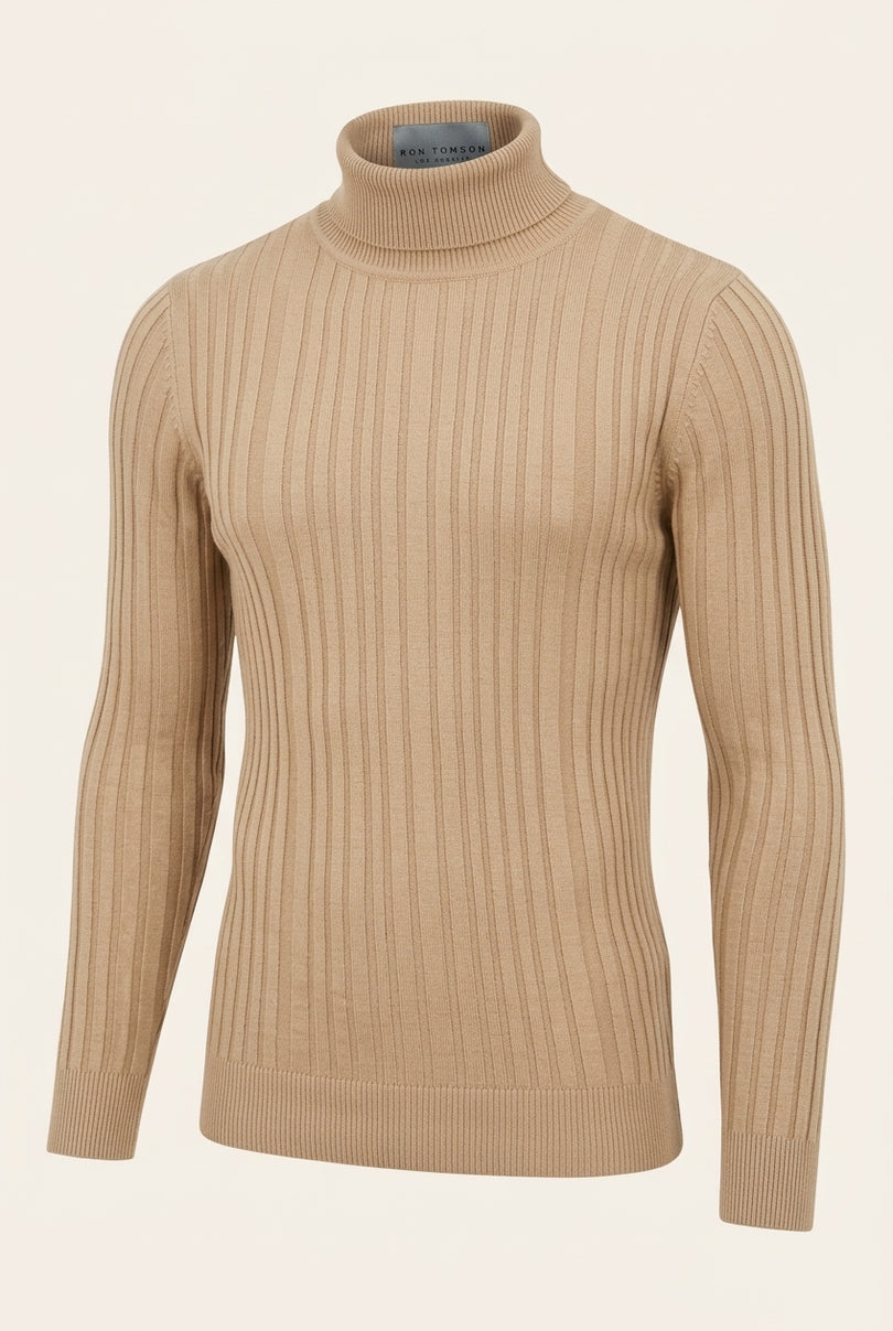 Roll Neck Ribbed Sweater - Beige - Front