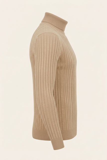 Roll Neck Ribbed Sweater - Beige - Side