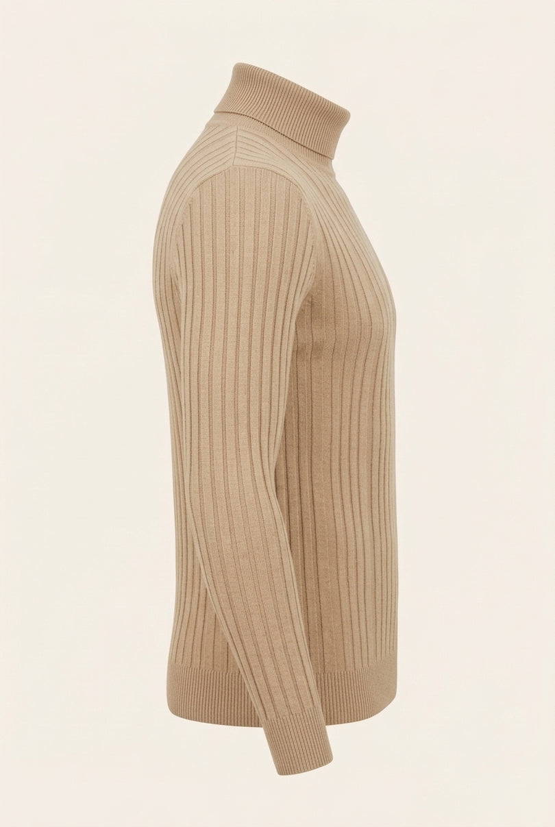Roll Neck Ribbed Sweater - Beige - Side